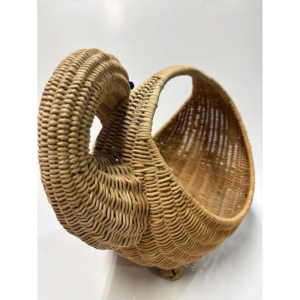 Vintage Wicker Rattan Swan Goose Basket Handwoven Bird Cottage Boho Decor